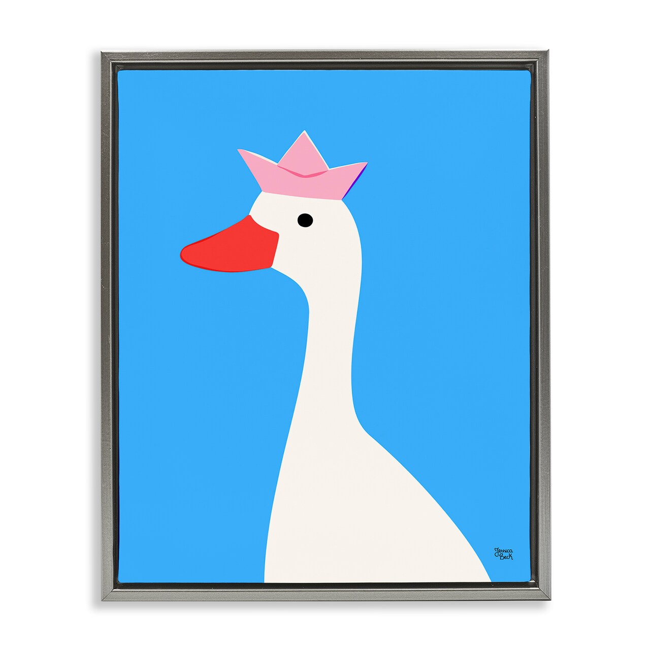 Stupell Industries Crowned Goose on Blue Framed Floater Canvas Wall Art Design by Jessica Beck